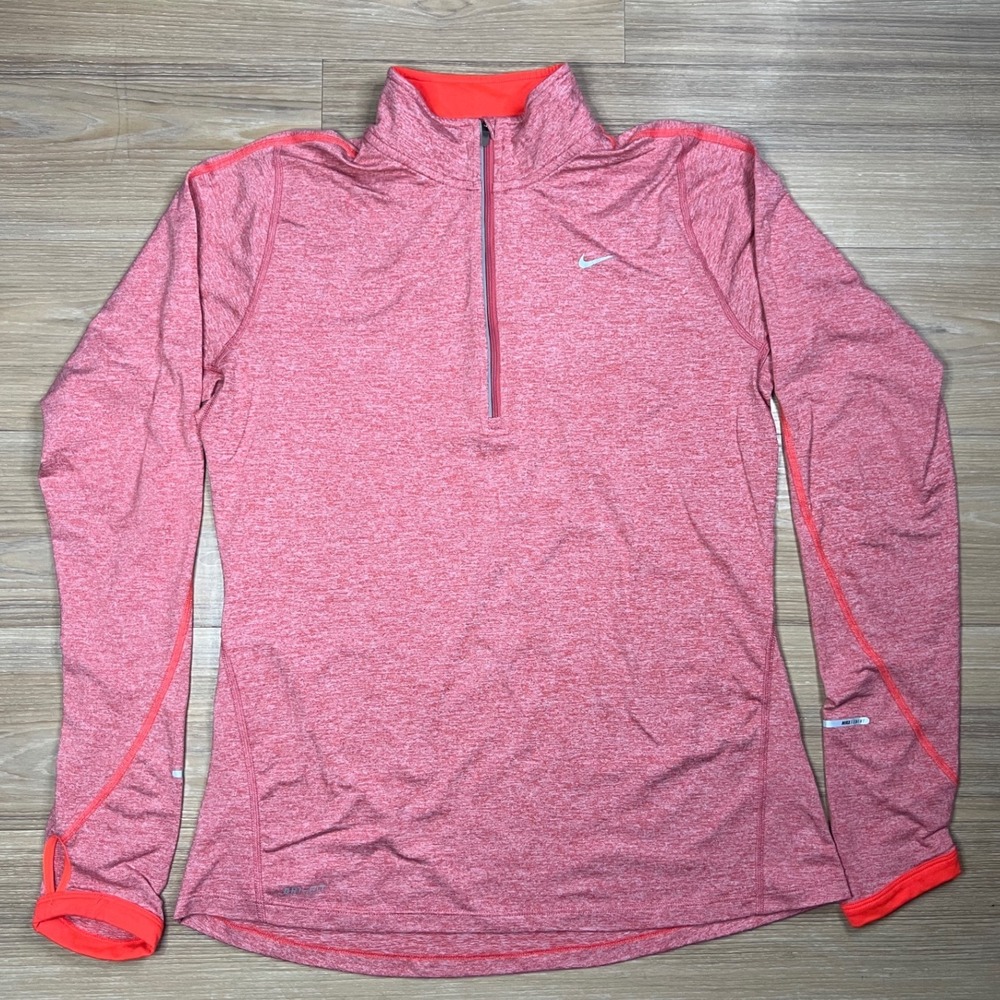 Nike Womens Dri-FIT Quarter Zip Running Pullover Thumbholes Red Medium